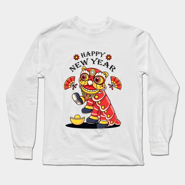 Chinese New Year, cute dragon lion dance Long Sleeve T-Shirt by Vyndesign